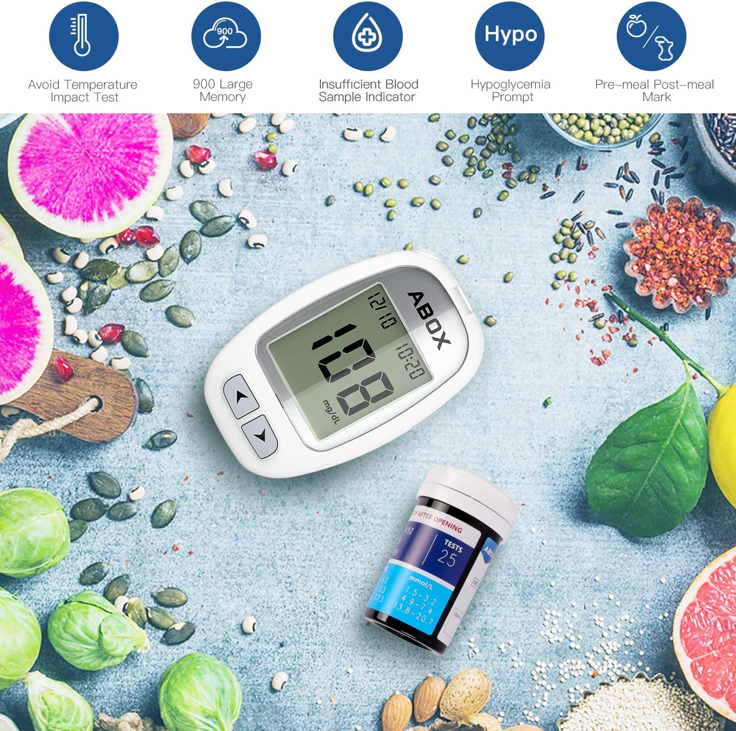 Blood Glucose Monitor, ABOX Diabetes Testing Kit Glucose Meter Kit with 25 Test Strips, 25 Lancets, Lancing Device, Control Solution and Carrying Bag for Blood Sugar Level Monitoring: Health & Personal Care