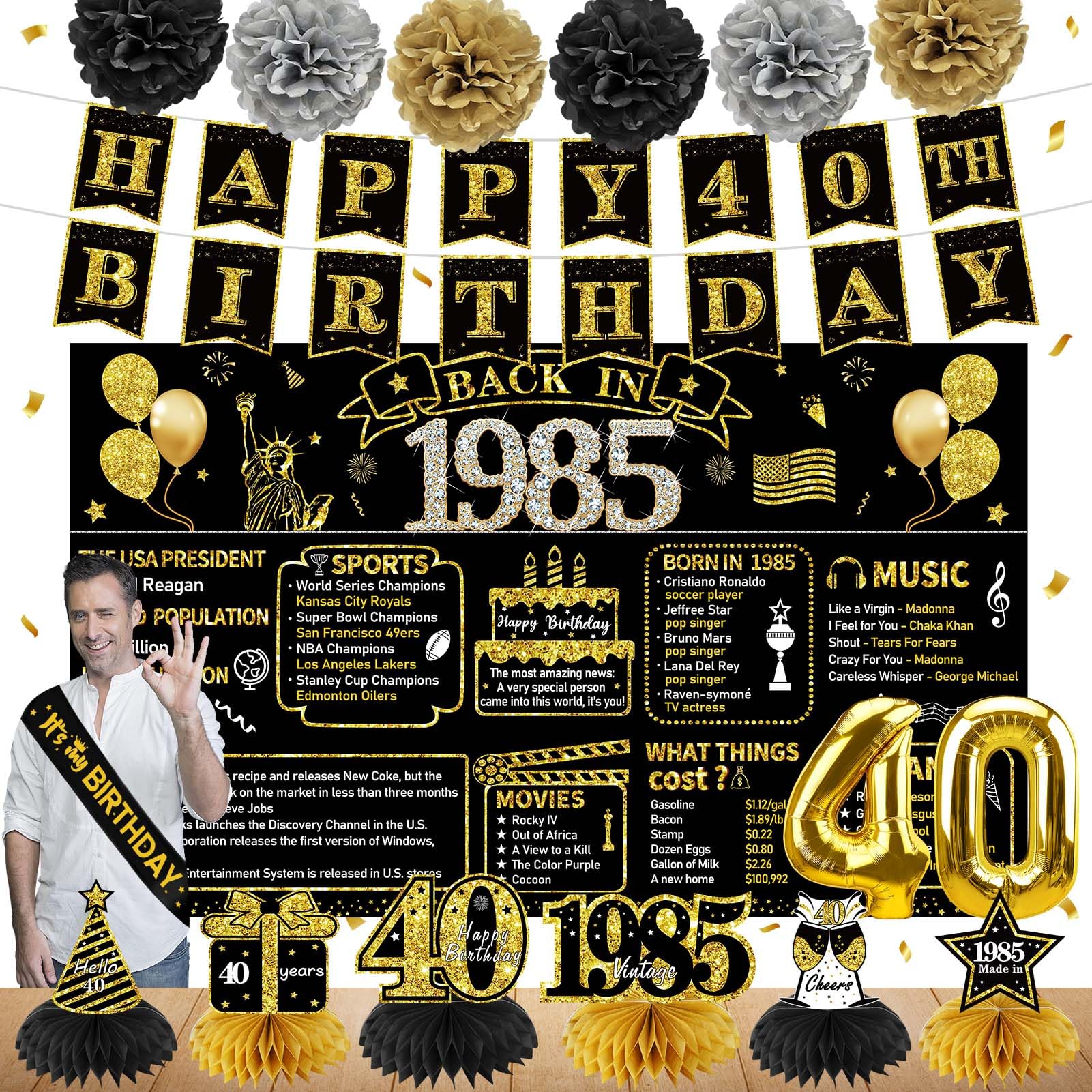 Photo 1 of 40th Birthday Decorations for Men Women, 16pcs Vintage 1985 Banner Party Supplies, Black Gold 40 Year Old Birthday Backdrop, 40 Birthday Honeycomb Centerpiece Pompoms Balloon Sash Gifts Decor