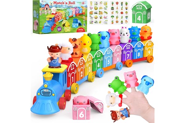 Montessori Toys for Toddlers 1 2 3 Years Old, Farm Animal Train Set with Counting Matching Sorting Activities 9 Barns, 10 Fin