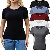 FMNNNN 3/5 Pack Crew Neck T Shirts for Women Daily Casual Womens Fitted Tshirt Basic Tops for Women Stretchy Womens Tees