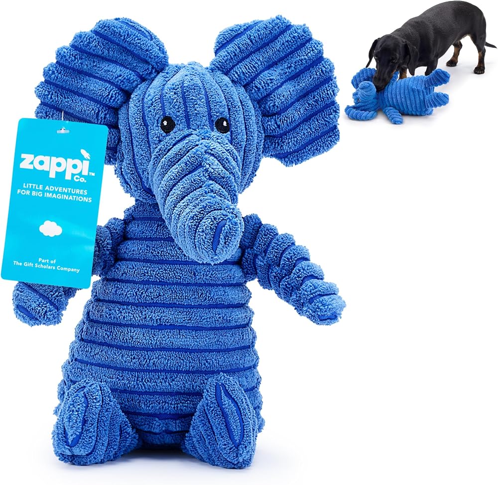 Zappi Co Blue Elephant Plush Dog Toy with Squeaker – Corduroy, Squeaky