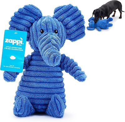 Zappi Co Blue Elephant Plush Dog Toy with Squeaker – Corduroy, Squeaky