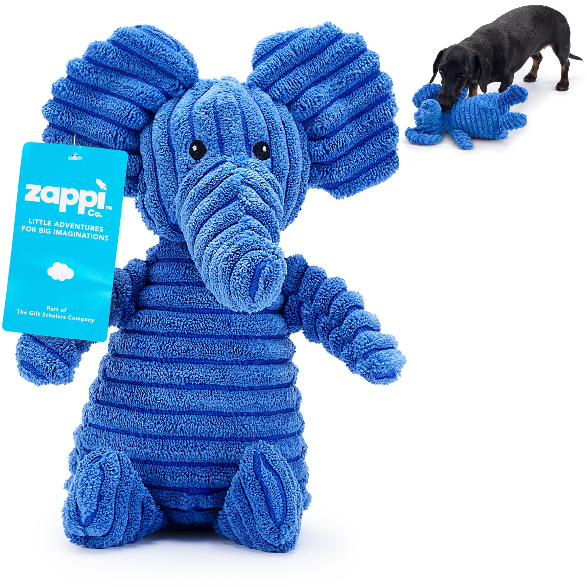 Zappi Co Blue Elephant Plush Dog Toy with Squeaker – Soft, durable, ribbed plush for cuddling and play. Perfect for small and medium dogs who enjoy a squeaky toy for comfort and interaction.