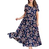 YESNO Women Casual Loose Bohemian Floral Dress with Pockets Short Sleeve Long Maxi Summer Beach Swing Dress EJF