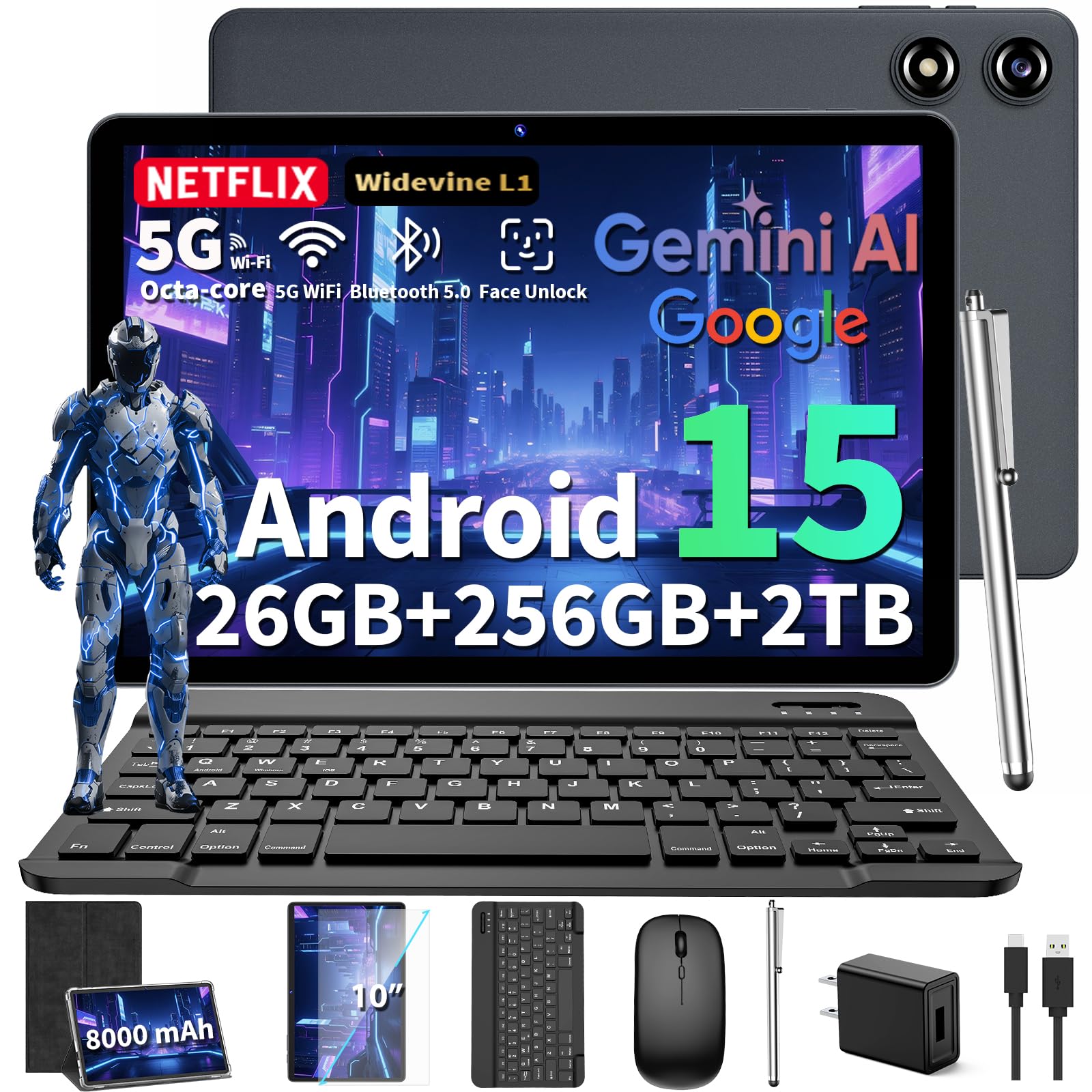 Photo 1 of 2026 10 Inch Tablet, Android 15 Tablet with Keyboard, 24GB RAM + 256GB ROM (2TB Expand), Tablets PC with 8-Core, Gemini AI, 5G WiFi, 8000mAh, BT5.0,GPS, 2-in-1 Tablets with Mouse, Case, Stylus (Black)