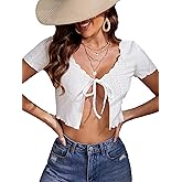 SweatyRocks Women's Tie Front Short Sleeve V Neck T Shirts Lettuce Trim Cropped Tops