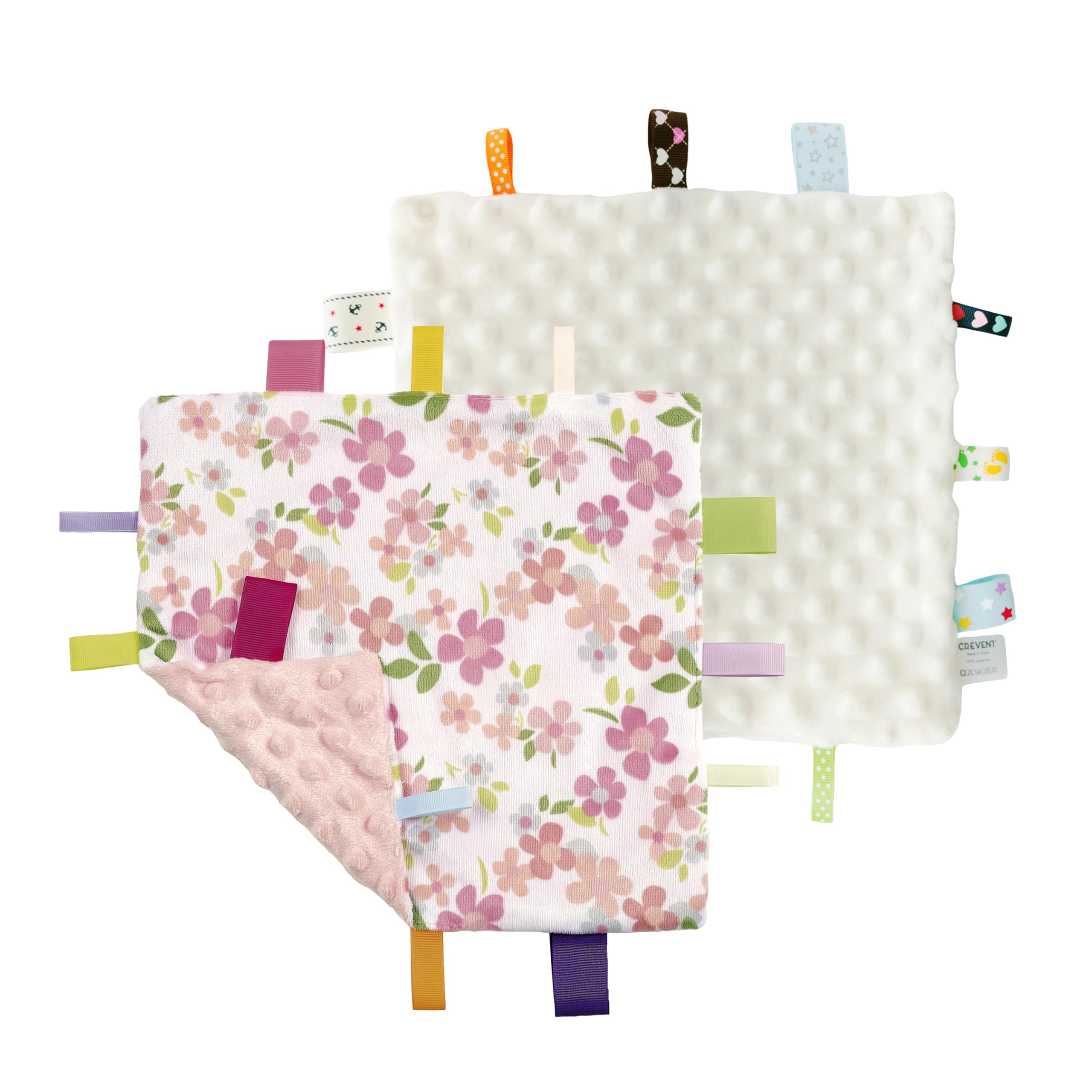 CREVENT Tag Security Blankets for Babies, Soft Small Loveys for Girls, Baby Comforter Sensory Blanket, Great Gifts for Birthday Baby Shower 24X24cm (Wildflow+Ivory)