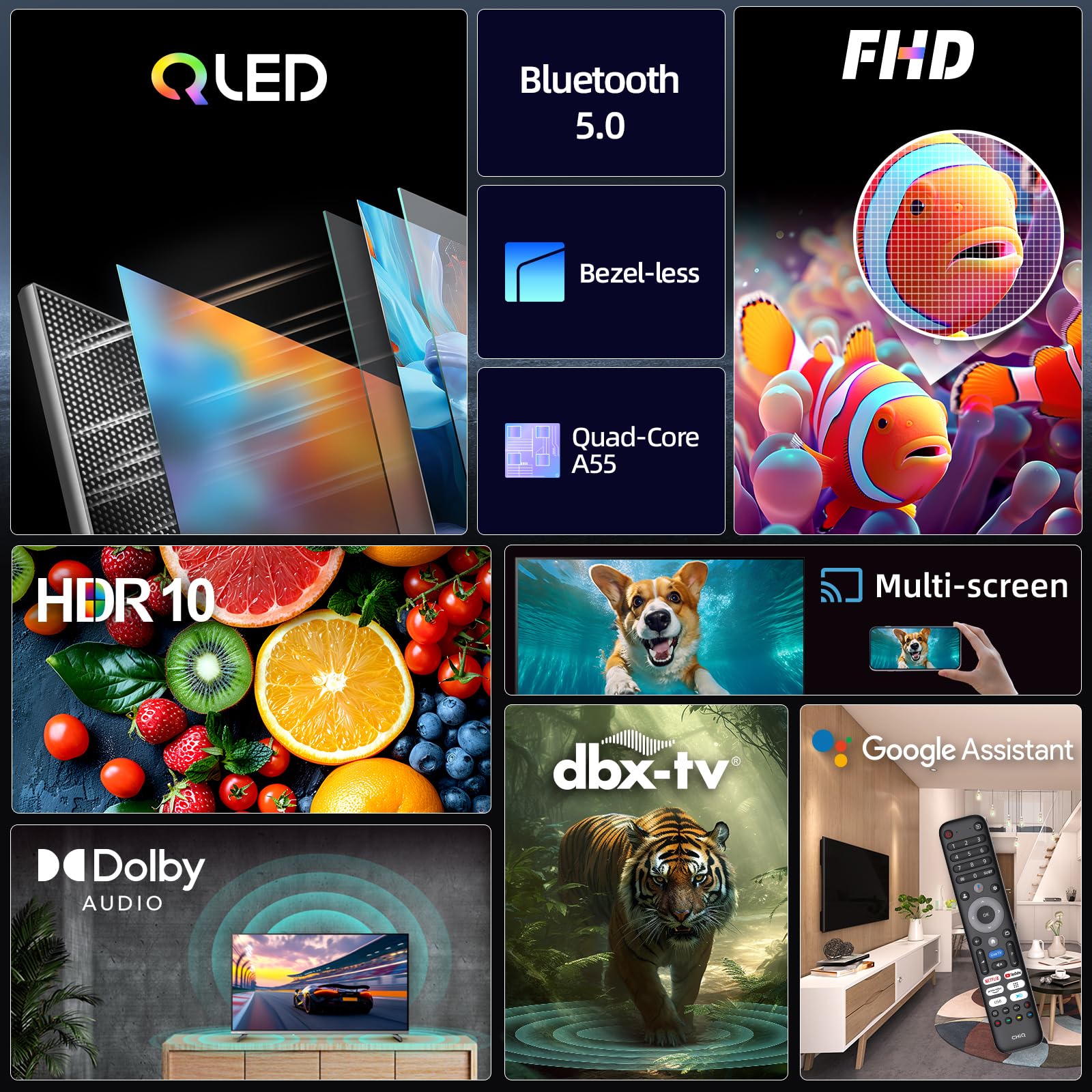 CHIQ 40QA10 40 Zoll(100 cm) Ful-HD QLED Google Smart TV mit HDR10, Dolby Audio, Airplay, Chromecast, Integrierter Triple Tuner (DVB-C/T/T2/S/S2), Prime Video, Integrierter Google Assistant 3