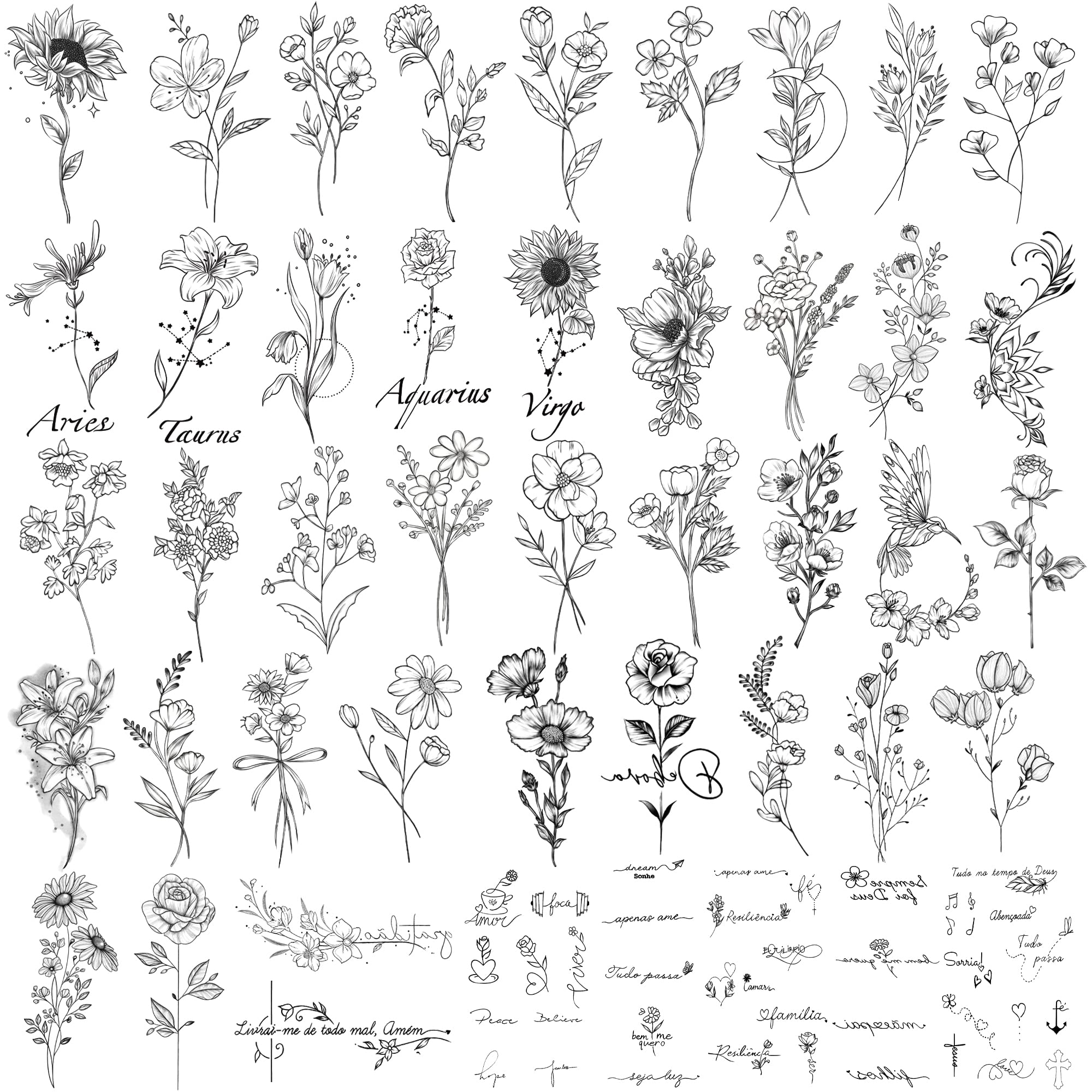 Waterproof Temporary Tattoo - 90 Sheets Realistic Fake Tattoos, 52 sheets Inspirational Words Tattoo stickers, 38sheets Wild Flower Floral Rose Sunflower Bouquet Body Stickers for Adult Women Men Kids