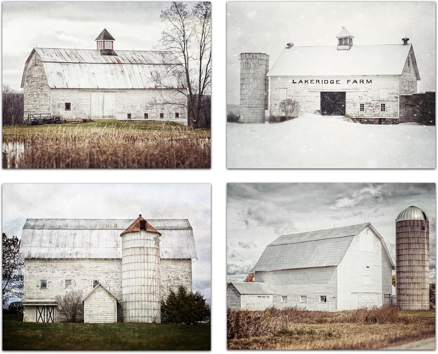 Photographs - LISA RUSSO FINE ART - Farmhouse Wall Decor Set of 4 8x10” Unframed White Barn Landscape Photo Art Prints with 11x14” Mats, Rustic Home Decor, Country Room Decor