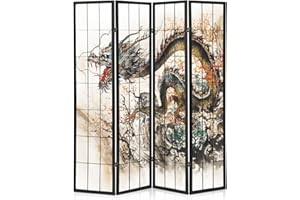 Athena Collection 4 Panel Room Dividers, Asian Dragon Pattern Folding Privacyscreen, 5.9ft Portable Oriental Partition Room Divider, Freestanding Wood Bedroom Office Room Separation Wall, Black