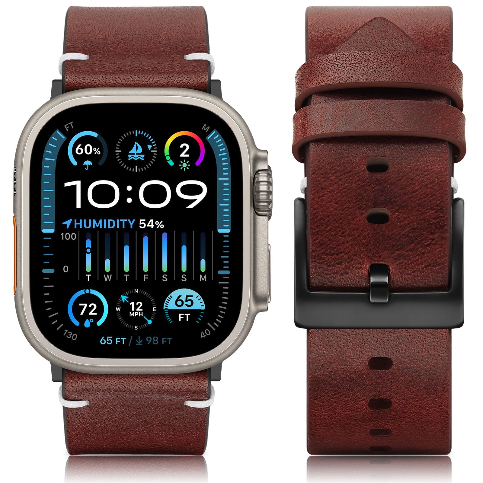 HITZEE Leather Straps Compatible with Apple Watch Strap 49mm 46mm 45mm 44mm 42mm, Handmade Vintage Genuine Leather Band Compatible with Apple Watch Ultra 2 SE2 SE Series 10 9 8 7 6 5 4 3, Dark Brown