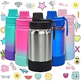 CHILLOUT LIFE 12 oz Kids Insulated Water Bottle for School with Leakproof Spout Lid and Cute Waterproof Stickers, Personalized Stainless Steel Thermos Flask Metal Water Bottle for Girls & Boys