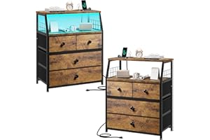 EnHomee Nightstands Set of 2, Nightstand with Charging Station & LED Lights Night Stand with 4 Dresser Drawers and Storage Shelves nightstand with Outlets and 2 USB Ports Night Stand Set 2