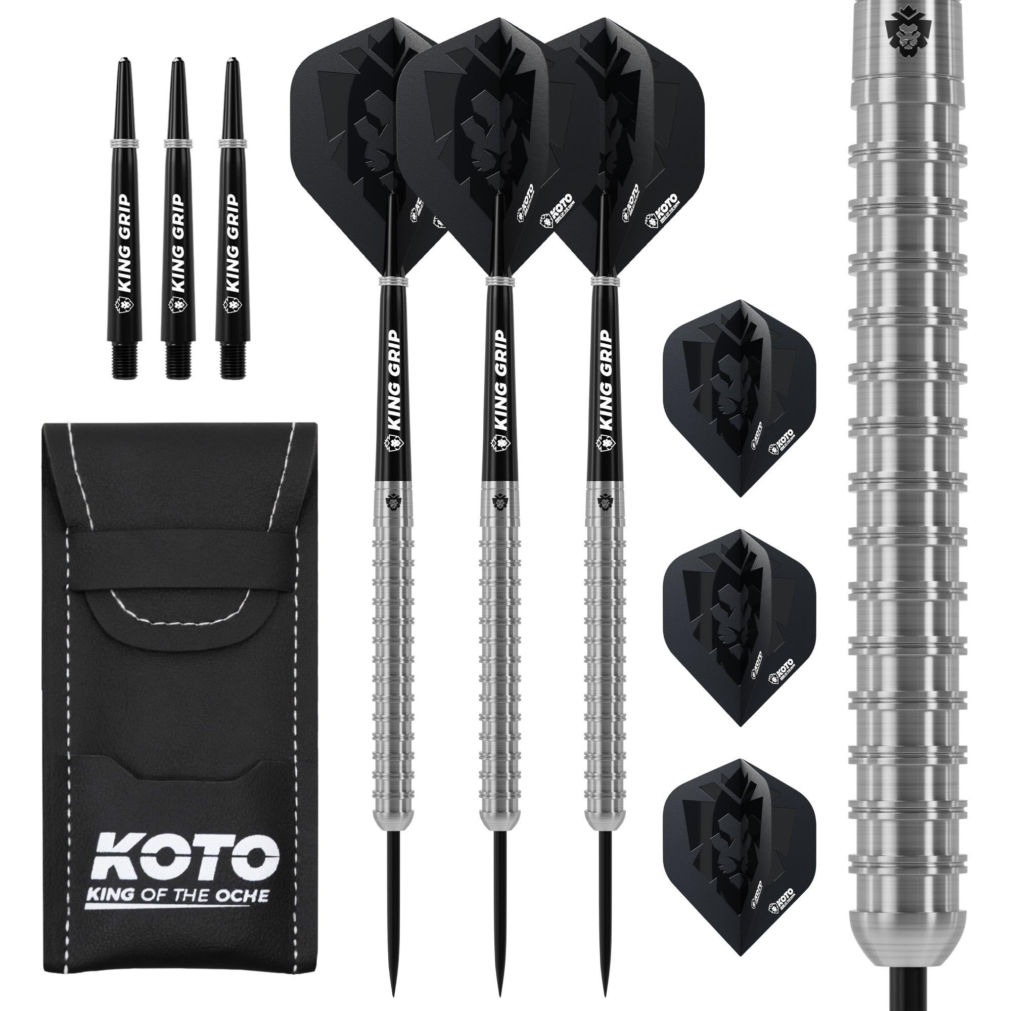 KOTO - Kingrex 90% Darts 23 Gram, Silver, Firm Ringgrip, Professional Darts Set Incl. 3 Barrels, Flights, Shafts & Dartwallet