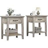 Nightstands Set of 2, End Table with Drawer, Side Table for Spaces, Grey | 2 Tiers Storage Shelves with Dresser, Bedside Table for Living Room, Bedroom, Dorm