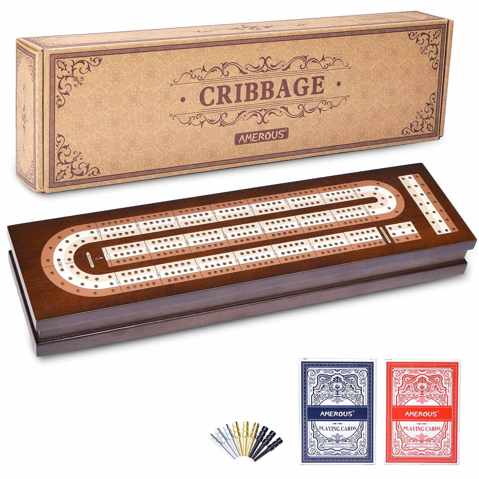 Photo 1 of AMEROUS Wooden Cribbage Board Game Set with Magnetic Lock - Metal Pegs - 2 Playing Cards - Continuous 3 Track Board - Larger Storage Area, Travel Portable Cribbage Game Sets for Family