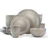 Elama White Lace 16 Piece Round Scallop Stoneware Dinnerware Set in White