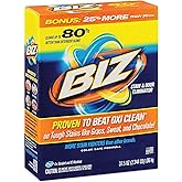 Biz Laundry Detergent Powder, Stain and Odor Eliminator for Tough Stains Like Grass Sweat and Chocolate, Powder Laundry Detergent with 4 Stain Fighters, Color Safe, HE Safe, Unscented, 37.5 Ounce
