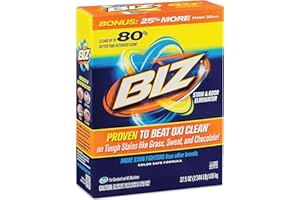 Biz Laundry Detergent Powder, Stain and Odor Eliminator for Tough Stains Like Grass Sweat and Chocolate, Powder Laundry Detergent with 4 Stain Fighters, Color Safe, HE Safe, Unscented, 37.5 Ounce