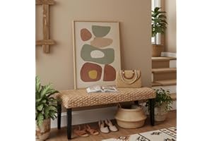 AV CONNECT Solid Wood Acacia Indoor Bench with Natural Woven Seat, Boho Bench Entryway, Wood Bench for Living Room, Dining Benches, Wooden Bench for Bedroom, Entryway (Black Leg, Water Hyacinth)