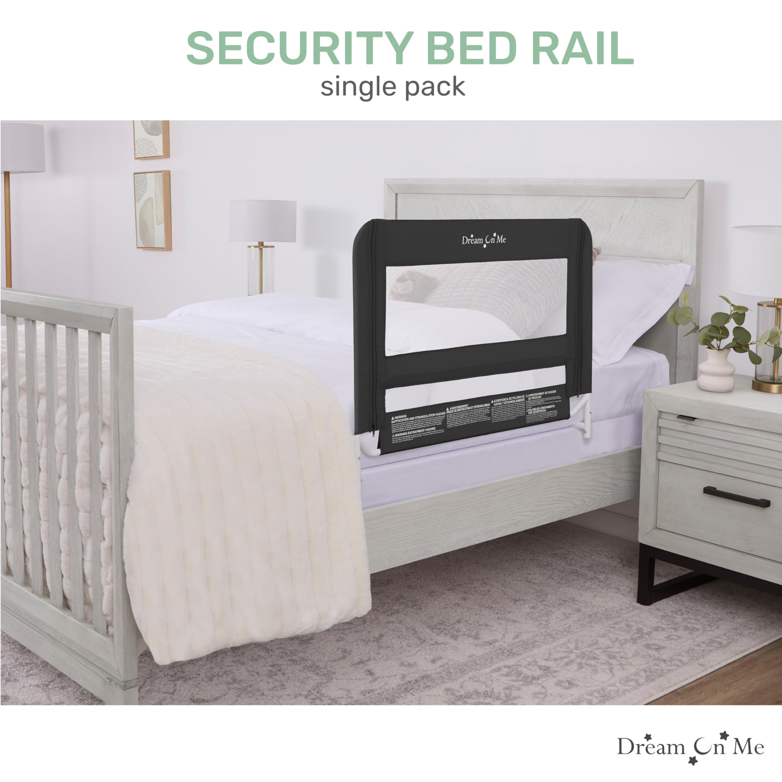 Dream On Me Lightweight Mesh Security Adjustable Bed Rail for Toddler, Breathable Mesh Fabric, Suitable for All Types of Beds, Reinforced Anchor System Bed Guard Rail, Black