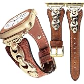 Jullstar Leather Skull Band Compatible Apple Watch Brown Gold Women Men | Halloween Metal Charms Dressy Strap for iphone Watch 38 40mm 41 42mm 44 45mm 46 49mm Series 11 10 9 8 7 6 5 4 SE Ultra 3 2 1