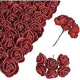 Glitter Roses Bouquet,72pcs Artificial Red Roses 1.37in Glitter Flowers Mini Roses for Crafts DIY Wedding Party Home Decor(Red)