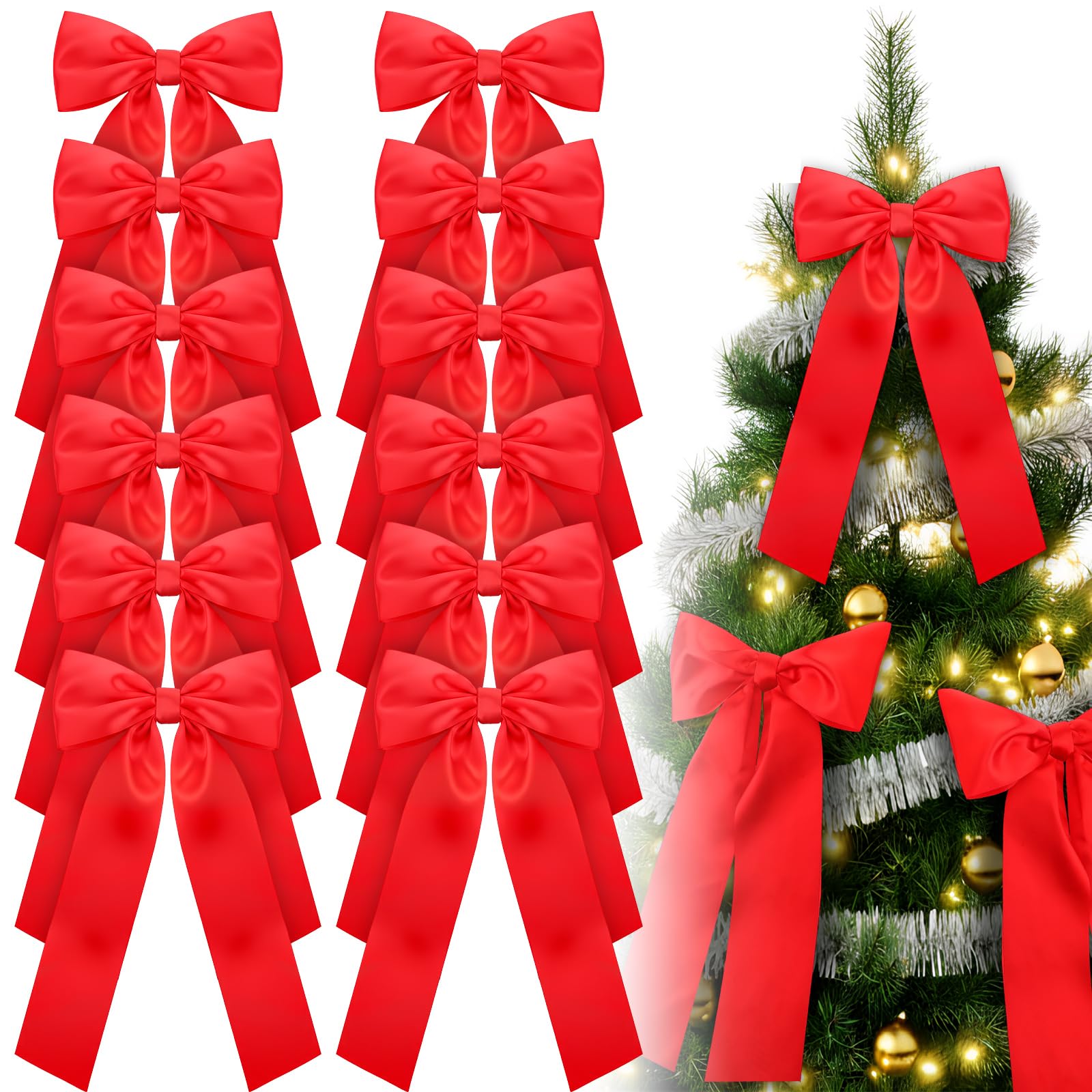 Photo 1 of 12 Pcs Large Red Christmas Bows for Tree Wreath Staircase 9 x 13 Inch Satin Christmas Tree Topper Decorative Bows Ornaments for Xmas Garland Fireplace Indoor Outdoor Holiday Party Decorations