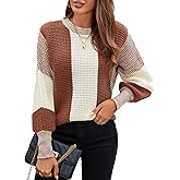 SunnyMelody Womens Cute Color Block Puff Sleeve Sweater Winter 2025 Ladies Trendy Crew Neck Knit Pullover Tops