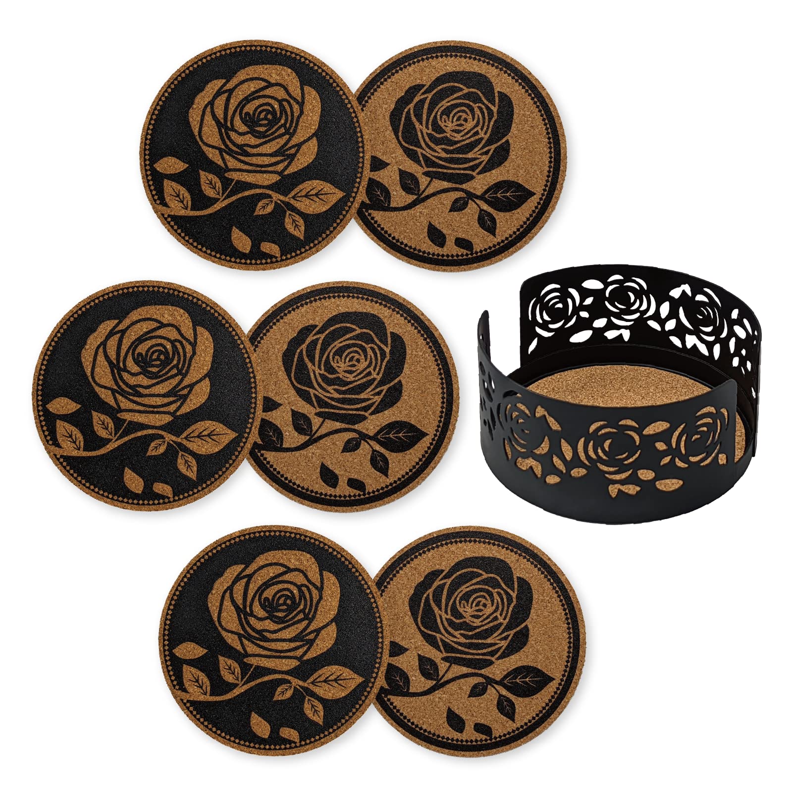 Mango Steam Set of Six Rose Decorative Coasters For Drinks & Mugs With Metal Holder, Black