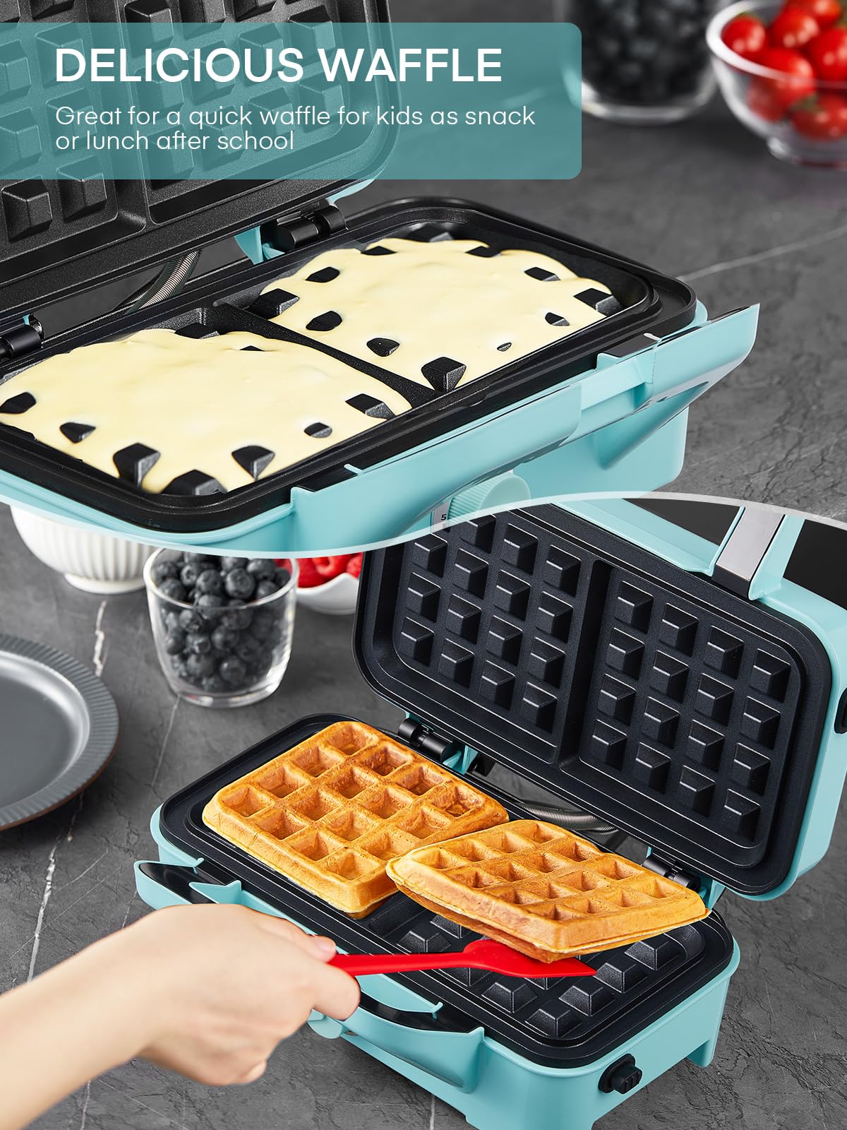 FOHERE Waffle Maker 3 in 1 Sandwich Maker 1200W Panini Press With Removable Plates and 5-gear Temperature Control, Non-stick Coating Easy to Clean,Indicator Lights, Blue