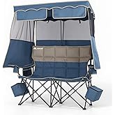 Padded Double Camping Chair With Canopy,Folding Chair Support 450LBS, Blue | Oversized Double Beach Chair With Canopy Shade Folding Chair With Two Cup Holders and Cooler Bag For Camping,Beach, Fishing