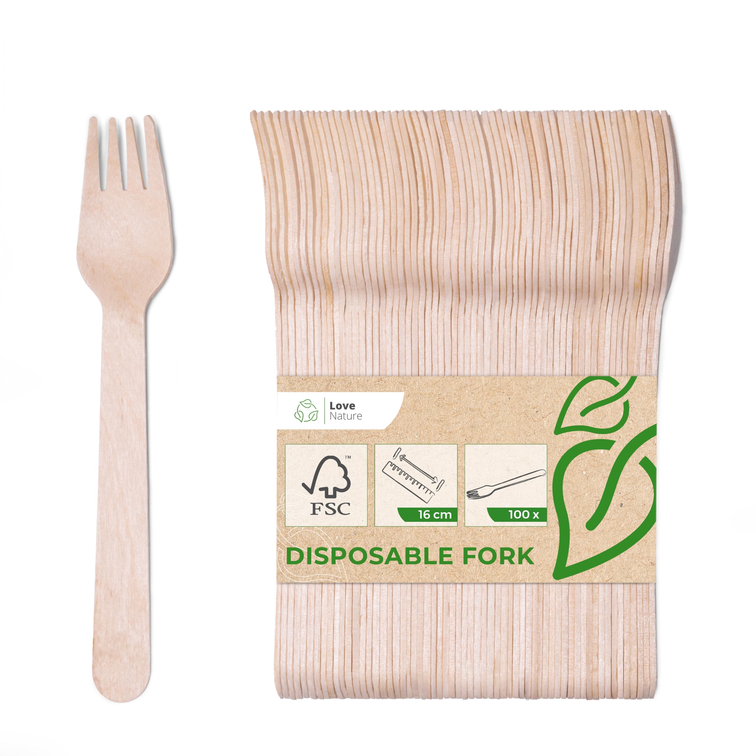 Love Nature 100 x Disposable Wooden Forks - Birch Wood, FSC Certified, Biodegradable