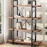 HSH 4 Tier Industrial Solid Wood Bookshelf, Distressed Brown | Rustic Natural Wood and Metal Shelves, Storage &amp; Display Bookcase for Living Room, Bedroom, Home Office