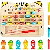 WECHARM KIDS Wooden Magnetic Fishing Game, ABC Alphabet Color Sorting Puzzle, Montessori Fine Motor Skill Toy with 2 Poles, M