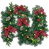 6FT Christmas Garland with Lights, Battery Operated Garland with Pinecones, Berries, Bows, Ornaments, 50 LED Lights 8 Modes, Christmas Decorations Mantle Fireplace Indoor Outdoor Home