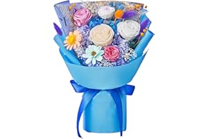 Polylove Flowers Bouquet Flowers for Birthday Women Roses Bouquet Gift for Her Wife Mothers Day Graduation Birthday Christmas (Pink Champagne White Roses, Blue Paper)