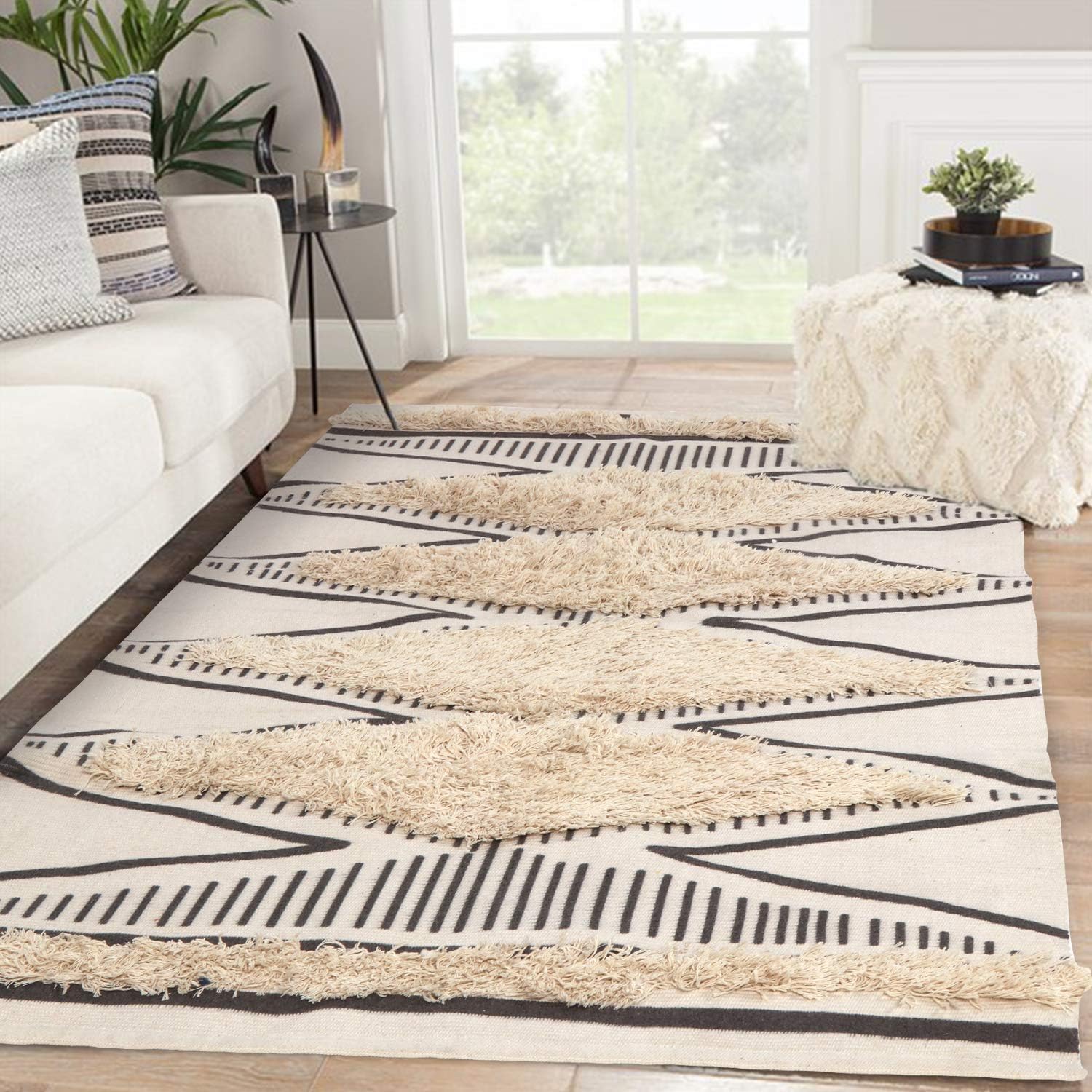 KIMODE Tufted Cotton Area Rug 4' x 6' Farmhouse Diamond