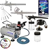 Master Airbrush Cool Runner II Dual Fan Air Compressor Professional Airbrushing System Kit with 3 Airbrushes, Gravity and Sip