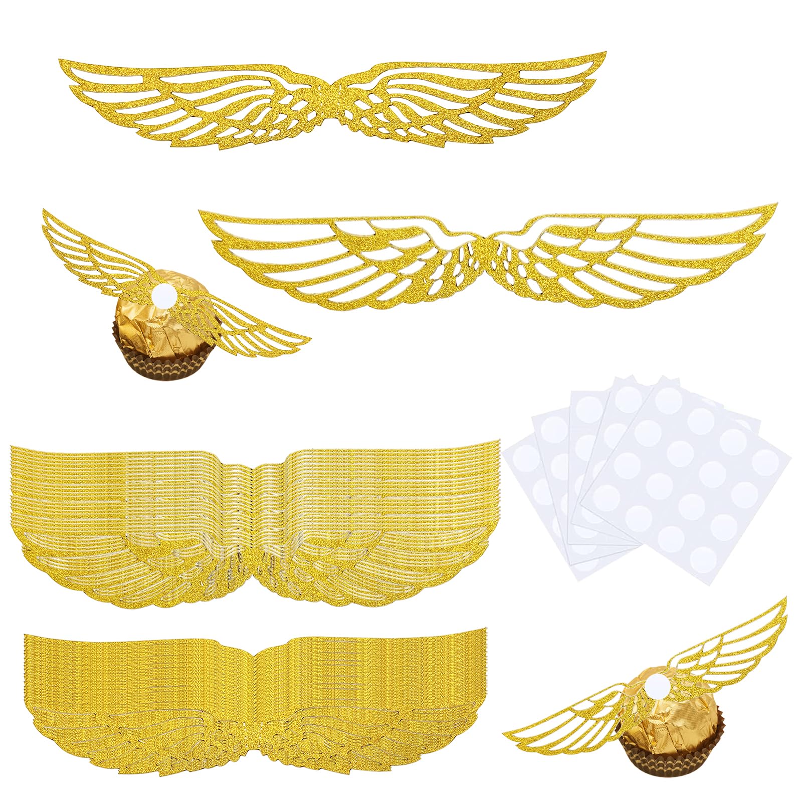 Photo 1 of 100 PCS Golden Glitter Wings Birthday Cake Toppers - Wizard Chocolate Decoration Cupcake Toppers Shiny Cake Party Decorations for Sweets, Cakes, Cupcakes