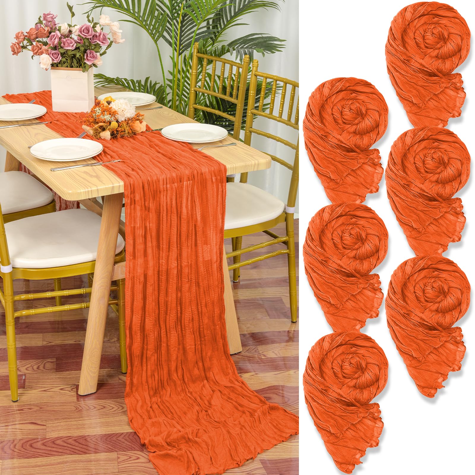 YMHPRIDE 6 Packs Cheesecloth Table Runner Orange, 55x300cm Rustic Gauze Fabric Boho Table Runner, Cheesecloth Wedding Table Decor for Wedding Party Bridal Shower Table Decorations — image 1