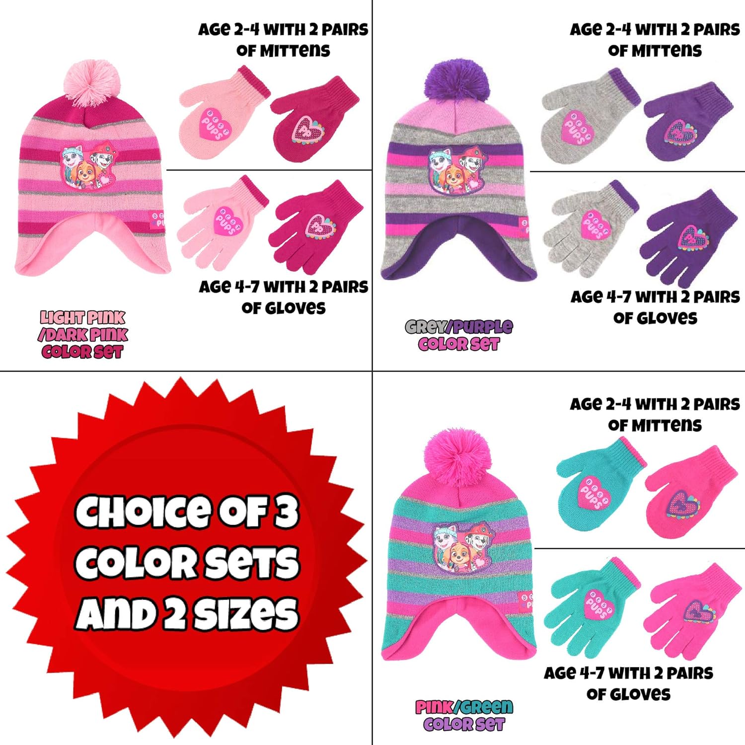 Nickelodeon Paw Patrol Girls Winter Hat and 2 Pair Mittens or Gloves (Age 2-7): Clothing