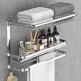 CAXIMSY Foldable 23.22 Inch Rowel Rack Wall Mounted with Bathroom Shower Shelves Stainless Steel Towel Bar Without Drilling and Screw Installation (Silvery)