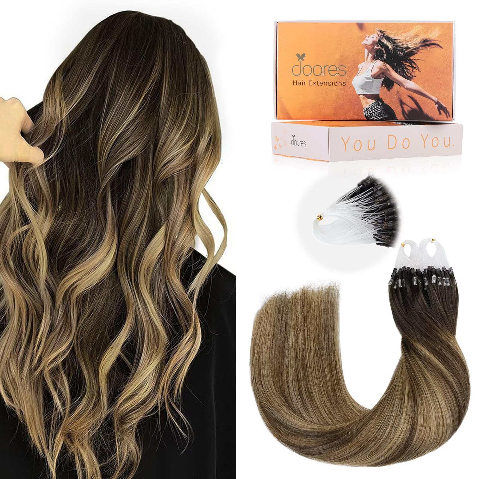 DOORES Micro Hair Extensions Real Human Hair, Chocolate Brown to Caramel Blonde 14 Inch 50g 50s, Cold Fusion Micro Beads Hair Extensions Lightweight — image 1