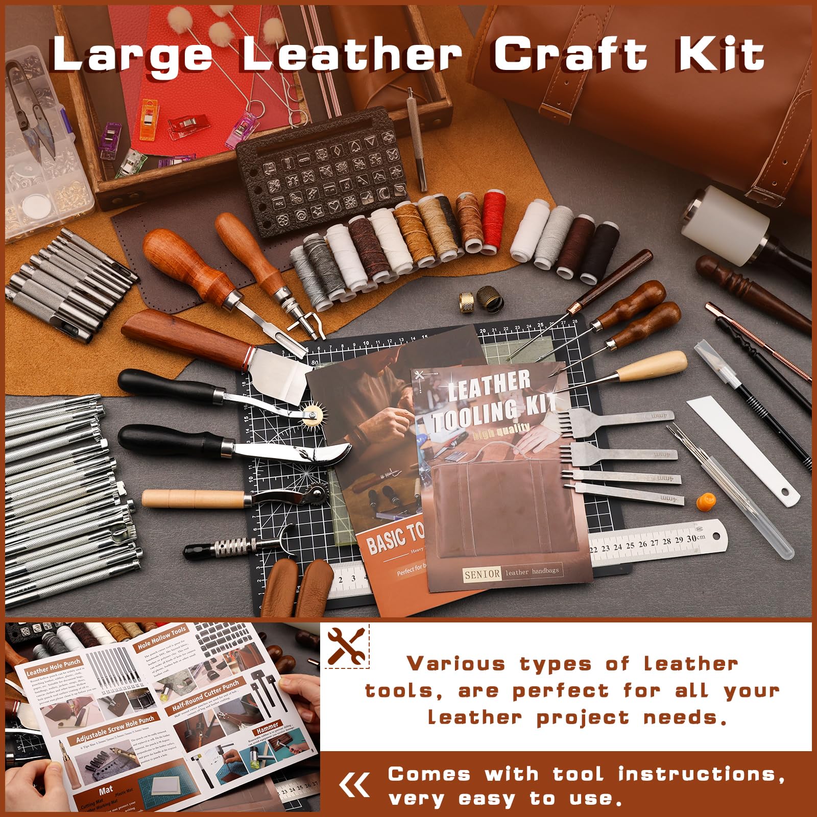 TLKKUE Leather Tooling Kit Leather Craft Tools Leatherworking Kit with Custom Handbag Cutting Mats Engraving Punching Sewing Stamping Sanding Tools for Handicraft Work Professional