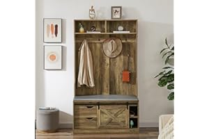 Betoko 71 Inch Entryway Bench with Sliding Barn Door, Farmhouse Hall Tree with Coat Rack and Storage Bench, Wood Coat Tree with Cushioned Stool and Hooks for Hallway, Living Room, Mudroom (Oak)