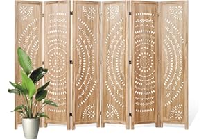 SVIMI 66.9Inch Folding Room Divider, 6 Panels Wood Carved Privacy Screens, Free Assembled Freestanding Partition for Home Office Restaurant Bedroom (Natural)