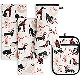 Kate Spade New York Holiday Pets Kitchen Towel, Oven Mitt & Pot Holder 4-Pack Set, Absorbent & Heat Resistant, 100% Cotton, Black/White/Red, 17"x28", 7"x13", 7"x10"