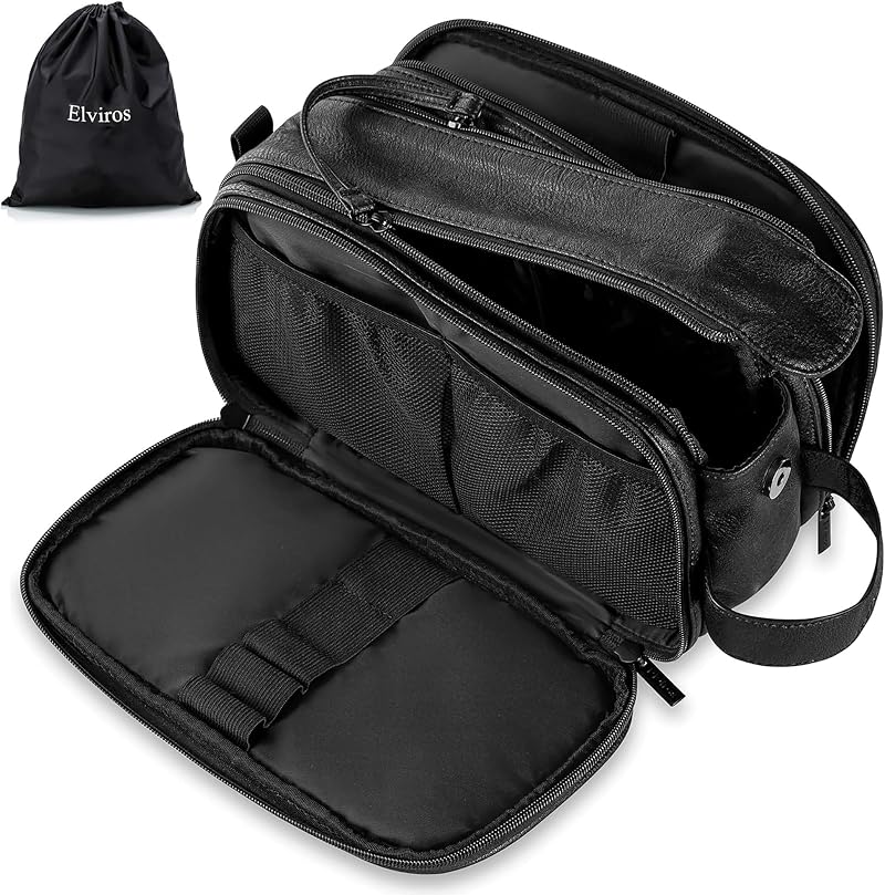 Elviros Water-Resistant PU Leather Toiletry Bag Men Large Travel Organizer